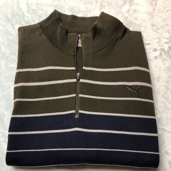 Puma Navy & Olive Green Striped Quarter Zip Long Sleeve Pullover Sweater XL - Picture 1 of 8